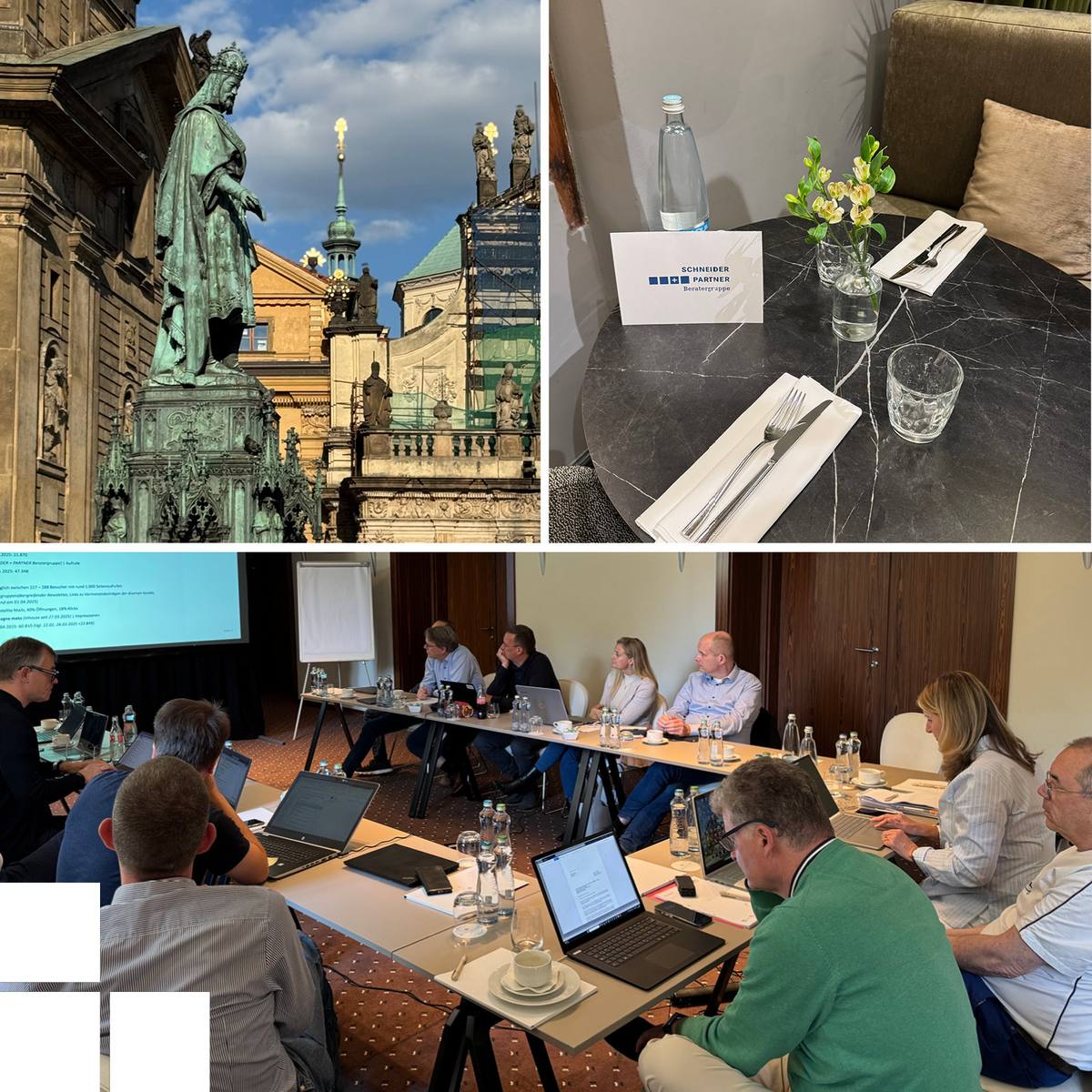 Ein Collage aus drei Fotos: eine Altstadtszene, ein eingedeckter Tisch, ein besetzter Konferenzraum
