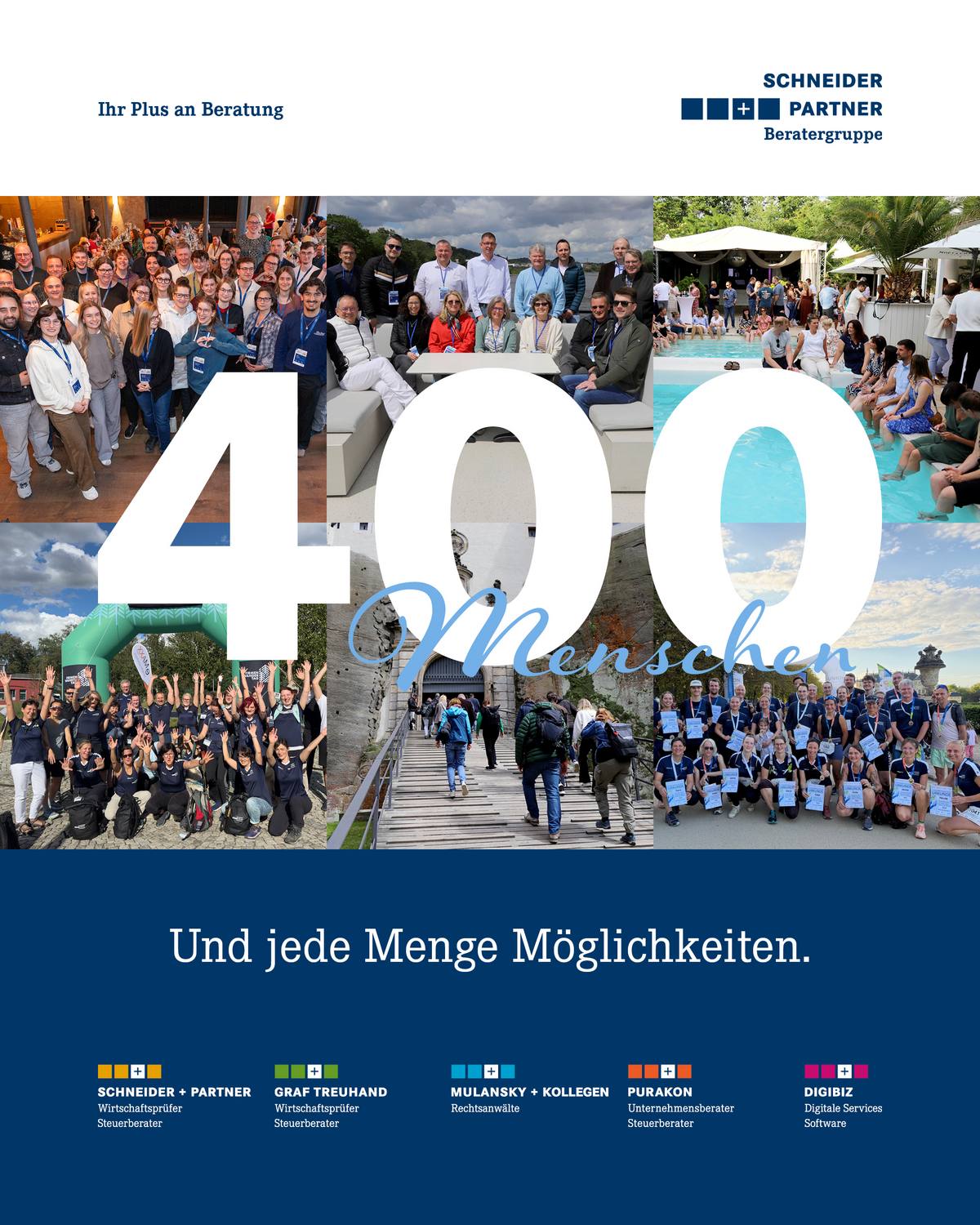 Collage mit Mitarbeitenden der SCHNEIDER + PARTNER Beratergruppe bei gemeinsamen Sport-, Team- und Firmenveranstaltungen; darüber die Zahl 400 und der Schriftzug „Menschen“.